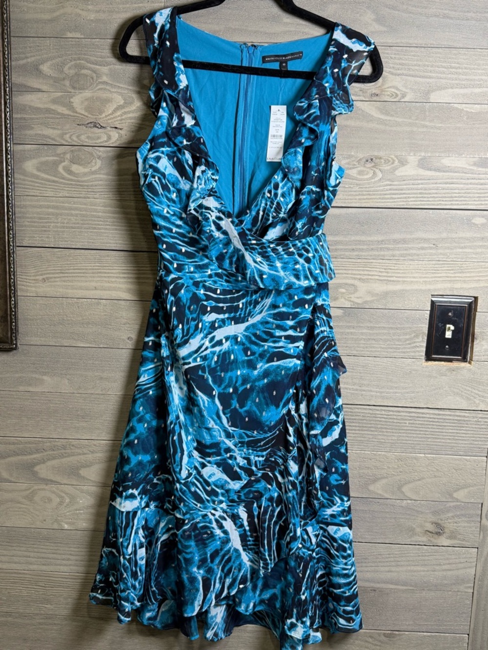 White House Black Market Blue and Black Asymmetrical Fit and Flare Dress